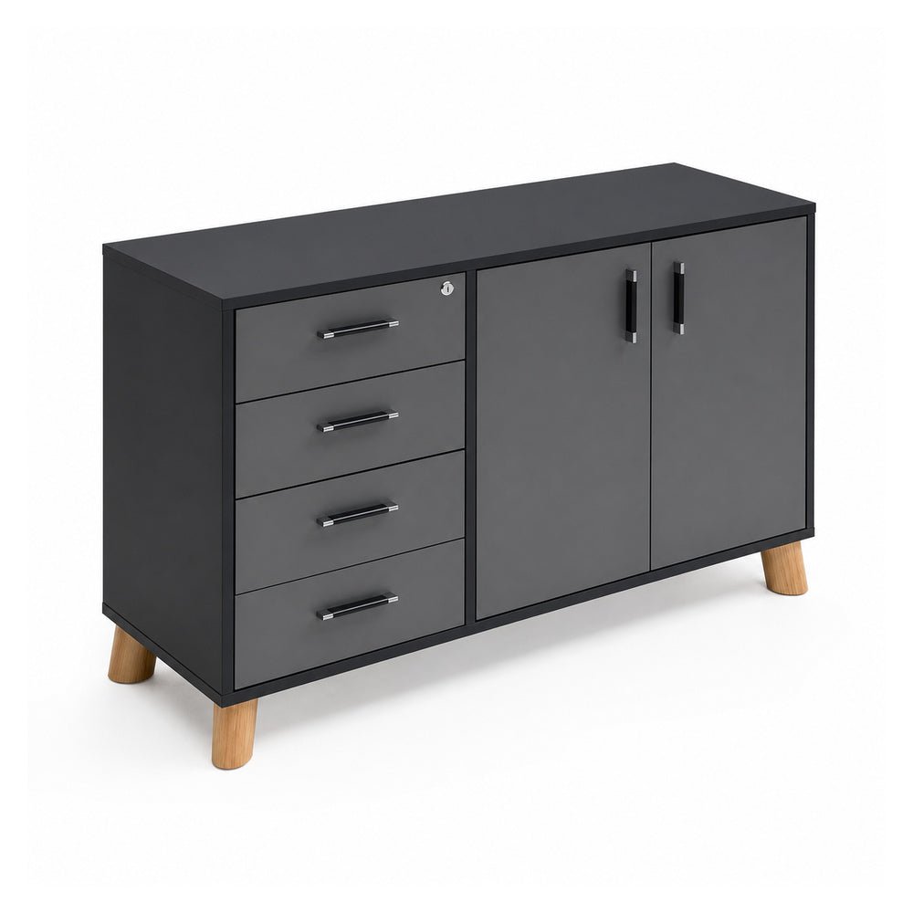 Credenza Alta Izquierda 4 Cajones Papeleros - VERSA DASH - Estructura Negra - Patas de Madera de Haya - DS-844I - VERSA - NOGAL BEAT - Credenza