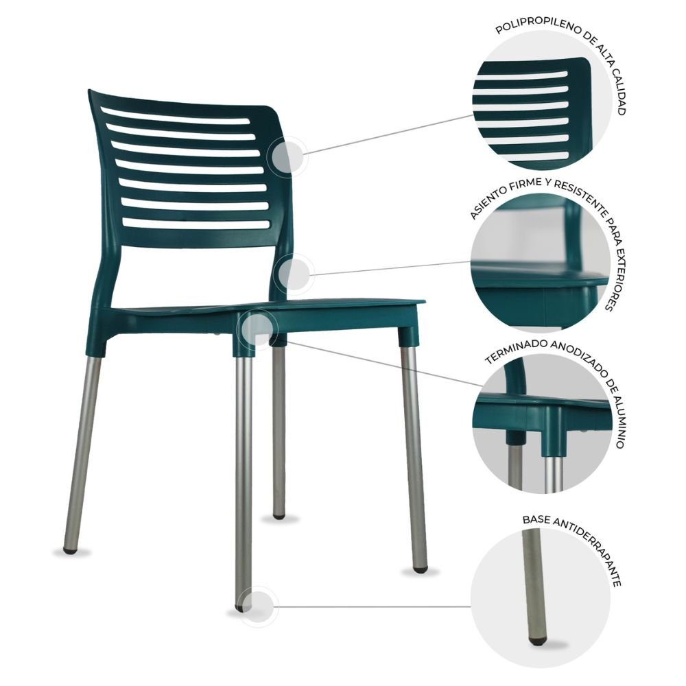 SILLA KINGSTRONG JM GALERI SILL0020315 | Silla Estilizada Jardín Comedor | Base 4 Puntas | Terminado Anodizado | Polipropileno | Interior + Exterior