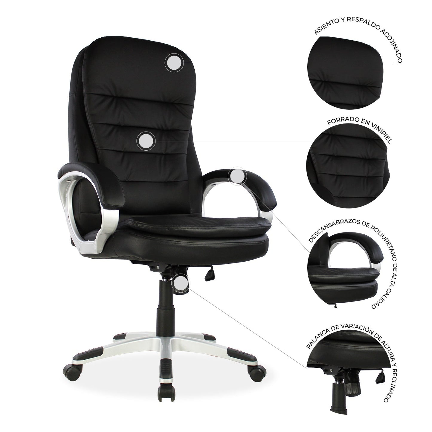 SILLA KINGSTRONG MOB-1100 Malaga SILL0903523 | Silla Ejecutiva Uso de Oficina | Base Estrella Giratoria | Descansabrazos | Tapizado Tela | Interior | Poliuretano Alto Respaldo Tela Tipo “PU” Acero Cromado Soporte Lumbar Descansabrazos y base tipo estrella cromada Estrella con Rodajas Negra Para Buena Postura Base Pistón Neumático Palanca Reguladora Comodidad Buen Diseño Oficina Home Office Corporativo Rodajas de Nylon Comodidad Espacio de Trabajo Respaldo con doble acojinamiento Reclinable Mundo In
