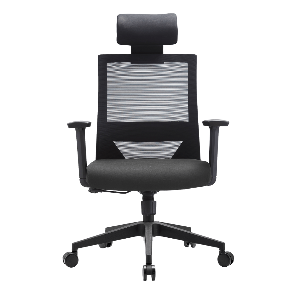 Silla ejecutiva GERSA Duna Alto negro con respaldo en malla y cabecera tapizada ajustable.