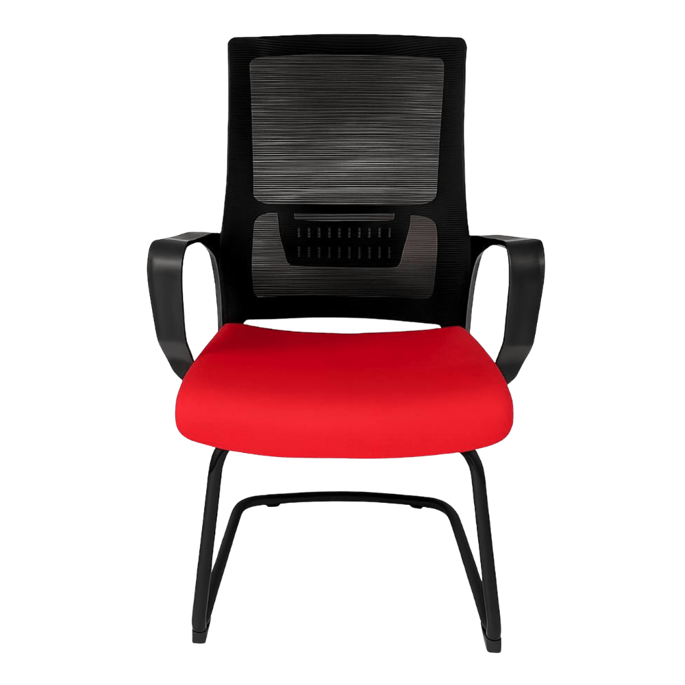 Silla de visita Gersa Zoom con respaldo en malla, asiento tapizado, brazos fijos y base trineo cromada