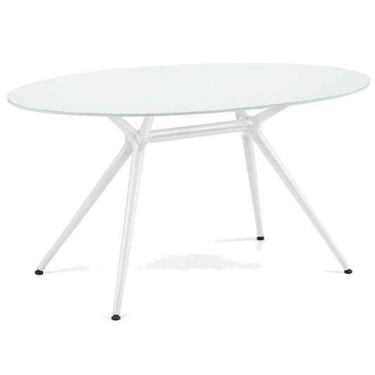 Mesa Comercial Ovalada con Cubierta de Cristal - LABENZE MESA METROPOLIS 160-07050 - Blanco - Cristal Ovalado de 1.50 x 1.12 m con Estructura de Acero Blanco