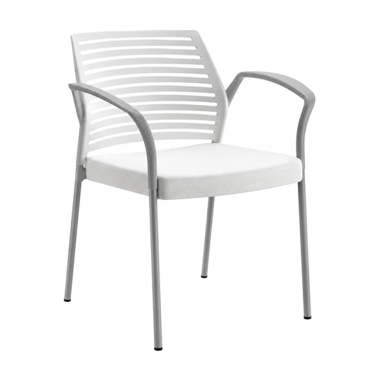 Silla Comercial con Brazos y Respaldo Flexible para Restaurante - INFINITI HALL con brazos 100-0510B - Blanco - Asiento Tapizado con Brazos y 4 Patas en Acero Gris o Cromo