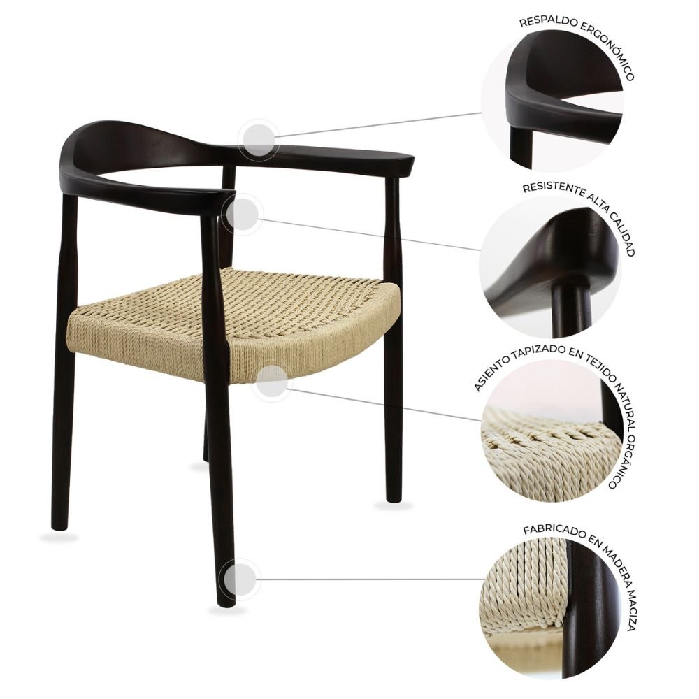 SILLA KINGSTRONG GUIZA MOB-313A SILL0903559 | Silla Ocasional Decorativa Descanso Modernidad | Base 4 Puntas Estilo Escandinavo | Asiento Trenzado | Madera | Interior
