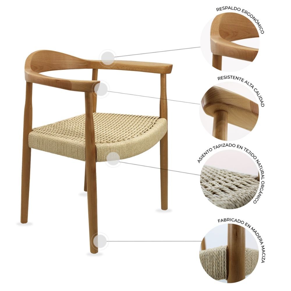 SILLA KINGSTRONG GUIZA MOB-313A SILL0903559 | Silla Ocasional Decorativa Descanso Modernidad | Base 4 Puntas Estilo Escandinavo | Asiento Trenzado | Madera | Interior