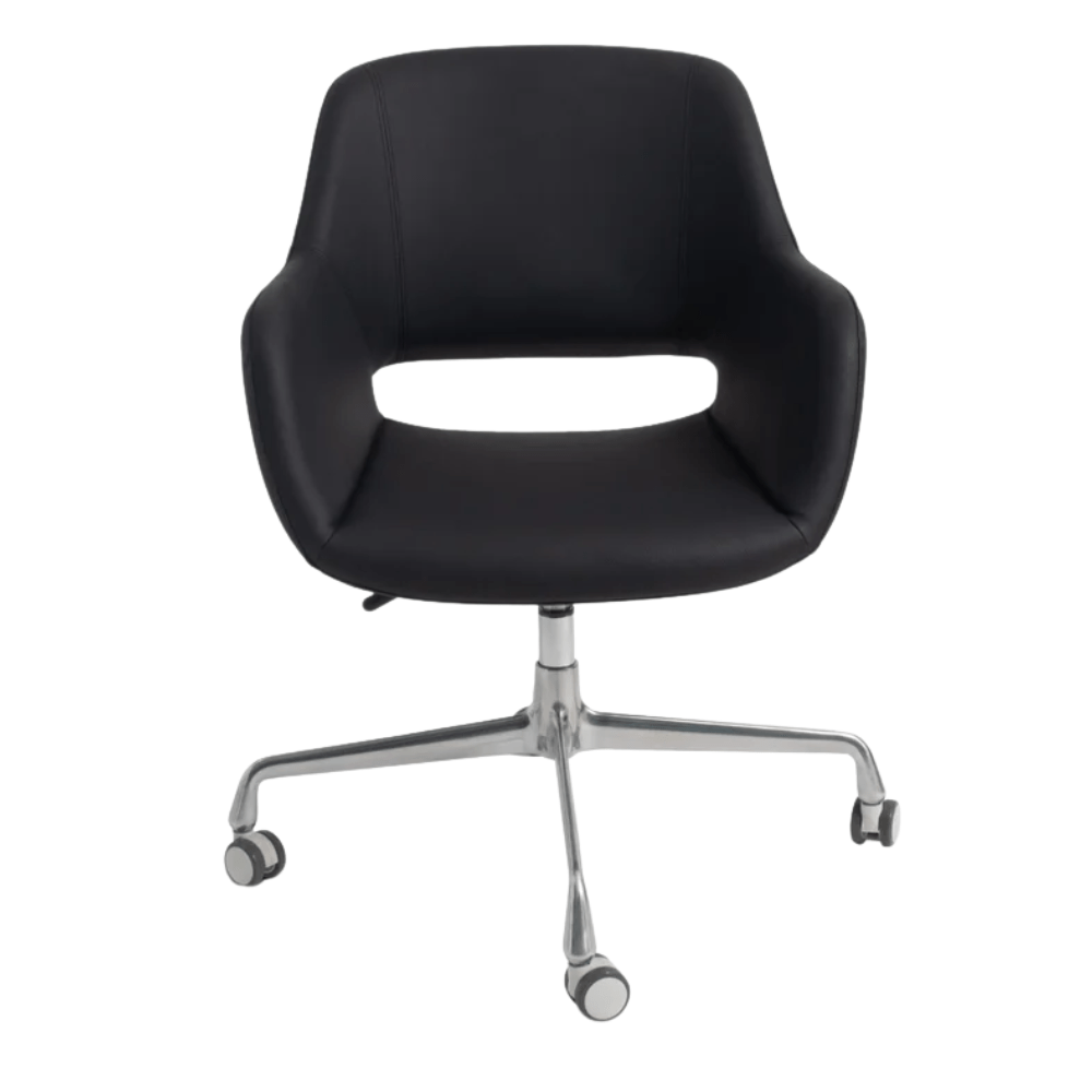 Silla de oficina Nogal Beat Moscú en vinil negro con asiento y respaldo ergonómicos, base de aluminio y rodajas