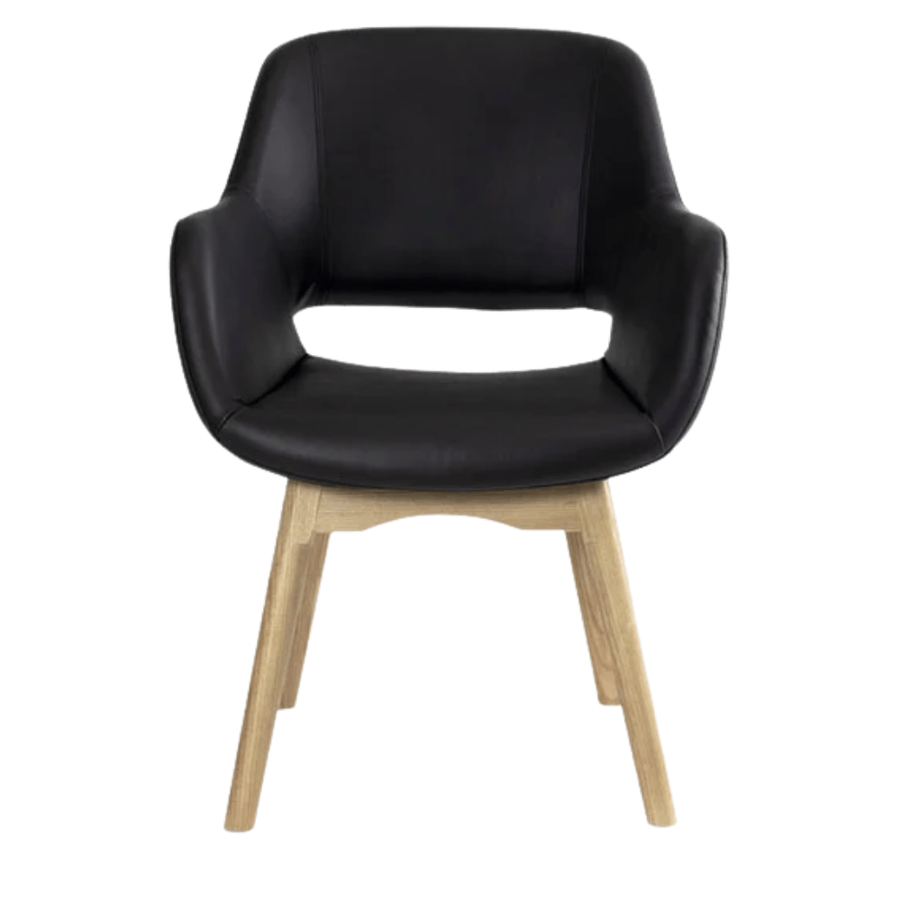 Silla de oficina Nogal Beat Moscú en vinil negro con asiento y respaldo ergonómicos, base de aluminio y rodajas