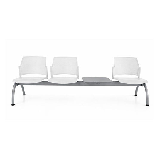 Banca de sala de espera Labenze Replay 108-6104M de 3 plazas con mesa, respaldo multiperforado en polipropileno y estructura tubular gris