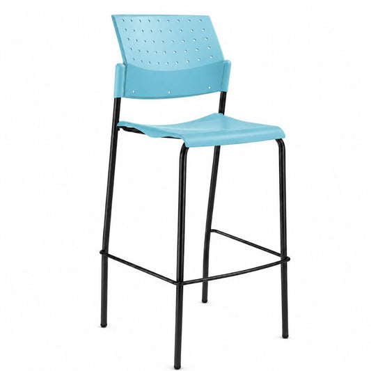 Banco alto Labenze Areta con asiento de polipropileno y base de cuatro patas fijas tubulares de acero con descansa pies.