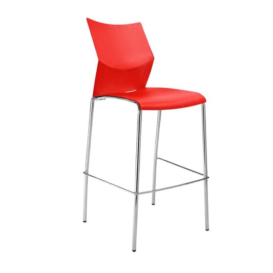 Banco alto Labenze Nizza con asiento y respaldo de polipropileno y estructura tubular cromada con descansa pies.