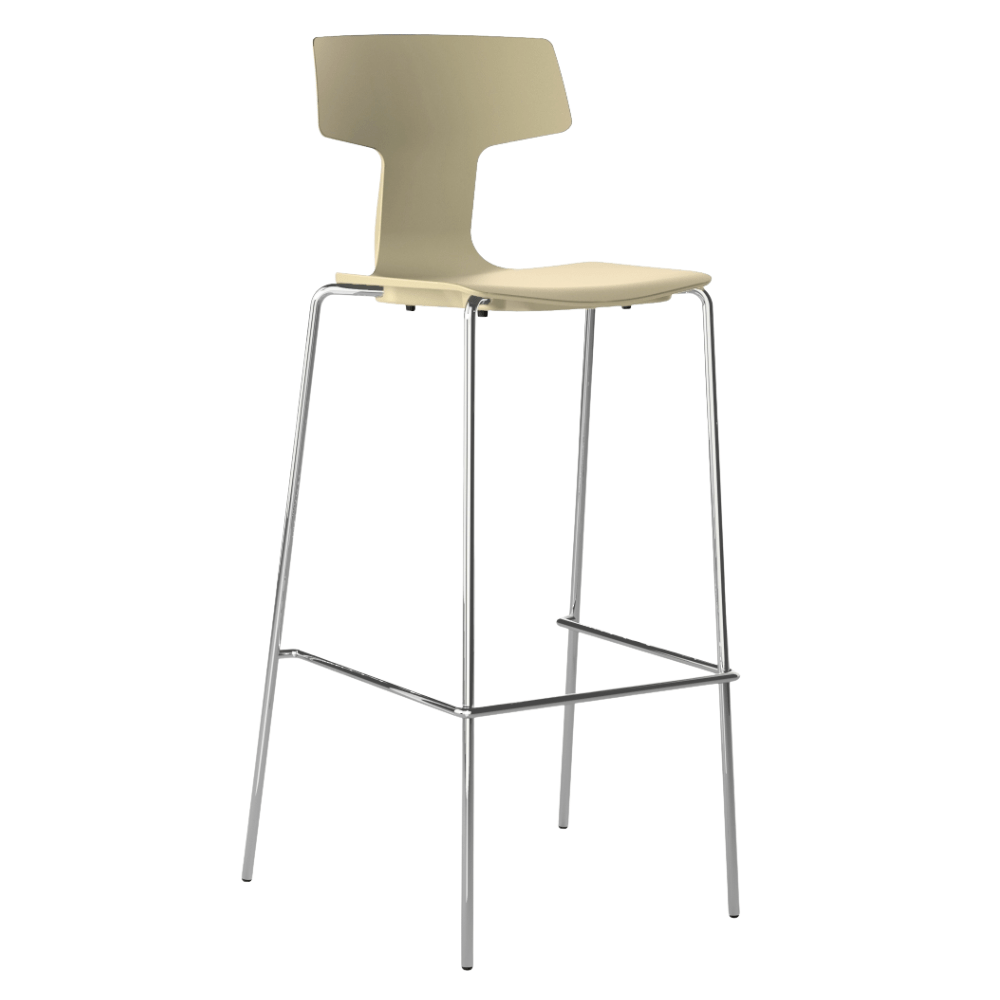 Taburete alto Colos Split 3A en polipropileno de una sola pieza con estructura de acero tubular cromado.