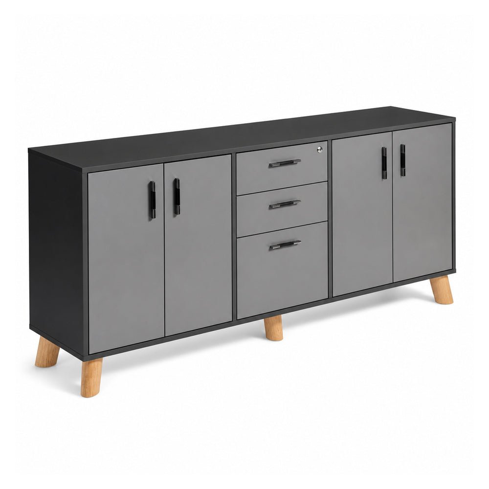 Credenza Alta 1 Cajonera Central 2+1 y 4 Puertas Abatibles Laterales - VERSA DASH - Estructura Negra - Patas de Madera de Haya - DS-866 - VERSA - NOGAL BEAT - Credenza