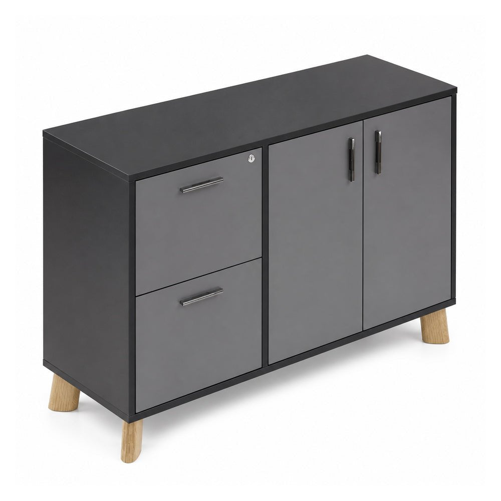 Credenza Alta Izquierda 2 Gavetas de Archivo - VERSA DASH - Estructura Negra - Patas de Madera de Haya - DS-842I - VERSA - NOGAL BEAT - Credenza