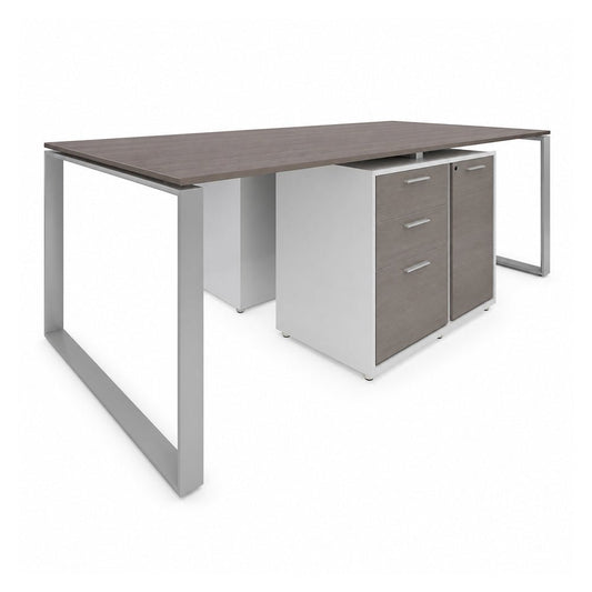 Escritorio de Oficina Bench para 4 Usuarios con 4 Archiveros - VERSA AXIO - Blanco/Gris - Frente 320 cm - No Admite Archivero Metálico - AO-736 - VERSA - NOGAL BEAT - Escritorio de Oficina