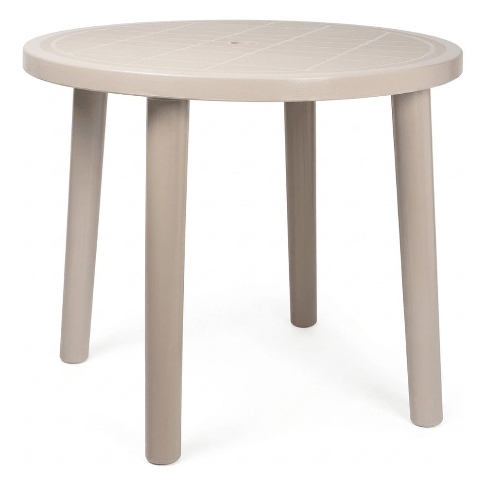 Mesa al Aire Libre Reciclada - RESOL OLOT RECYCLED 86 DIA - Blanco - 4 Puntas con Agujero Parasol y Protección UV Redonda - 6200 - Resol - NOGAL BEAT - Mesa de Terraza