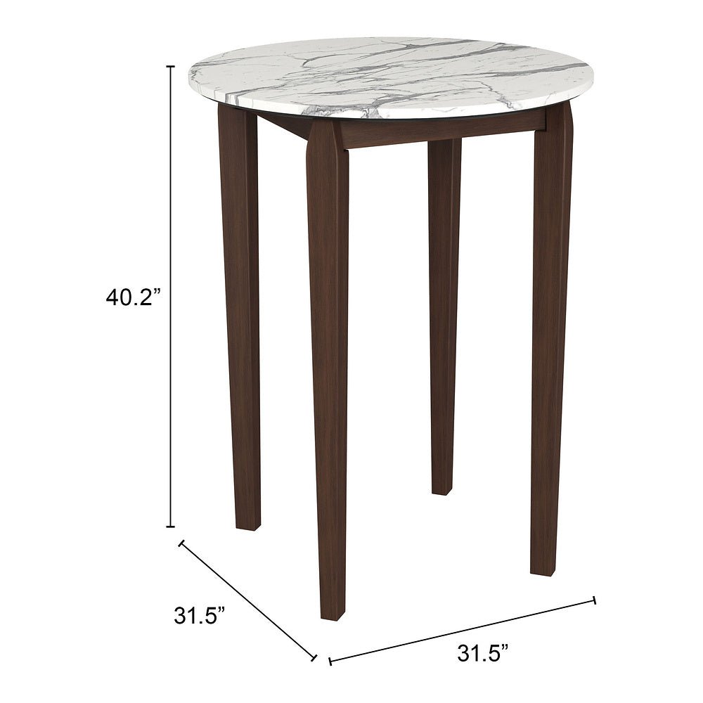 Mesa Alta para Bar - ZUO VERNON - Blanco - Cubierta de Piedra HPL Símil Mármol y Estructura de Madera de Hule - 110089 - Zuo - NOGAL BEAT - Mesa Comercial Interior