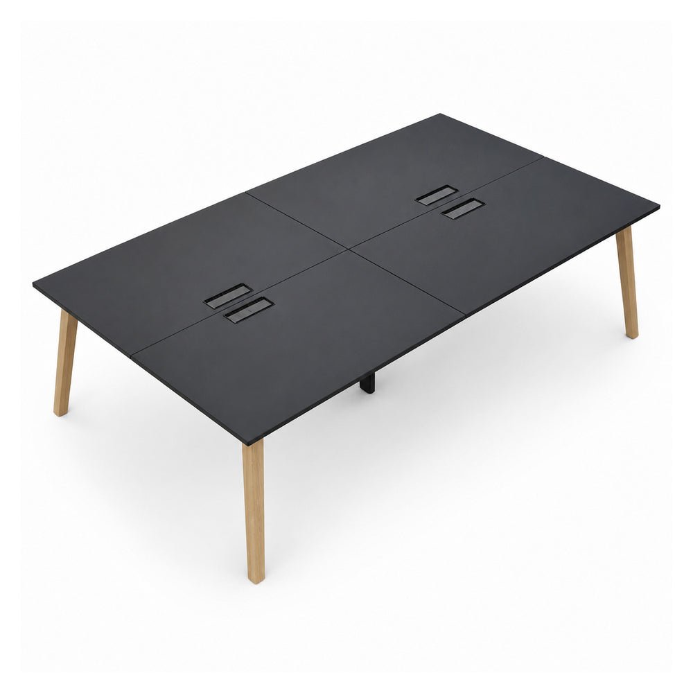 Mesa Bench para 4 Usuarios - VERSA DASH - Estructura Metálica Negra con Patas de Madera de Haya - 360 × 150 cm - DS-668 - VERSA - NOGAL BEAT - Escritorio de Oficina