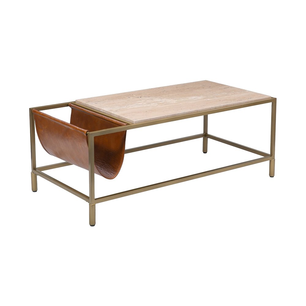 Mesa de Centro para Área de Descanso - ZUO ALTALEN - Latón - Cubierta de Travertino y Estructura de Hierro - 111065 - Zuo - NOGAL BEAT - Mesa Comercial Interior