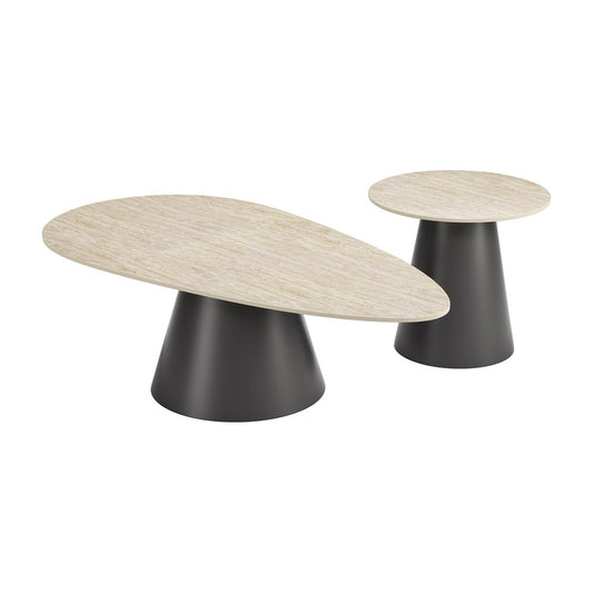 Mesa de Centro para Consultorio - ZUO REYES - Varios Colores - Cubierta de Piedra Sinterizada Símil Travertino y Estructura de Acero con Recubrimiento en Polvo - 111111 - Zuo - NOGAL BEAT - Mesa Comercial Interior