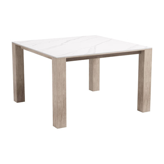 Mesa de Terraza para Áreas de Estar - ZUO LEILANI SQUARE - Blanco - Cubierta de Piedra Sinterizada Símil Mármol y Estructura de Aluminio Símil Madera - 704281 - Zuo - NOGAL BEAT - Mesa de Terraza