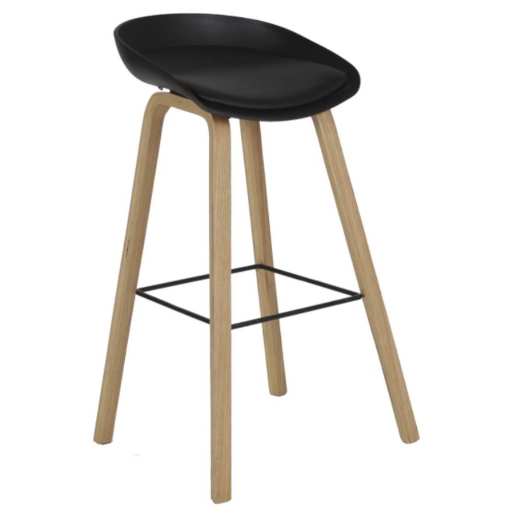 Banco alto Stella con asiento acojinado en vinipiel, patas de madera de haya y reposapiés metálico.