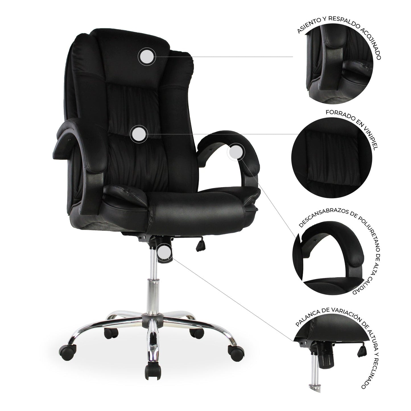 SILLA KINGSTRONG MOB-1097 Granada SILL0903522 | Silla Ejecutiva Uso de Oficina | Base Estrella Giratoria | Tapizado Tela | Interior | Poliuretano Alto Respaldo Tela Tipo “PU” Acero Cromado Soporte Lumbar Descansabrazos y base tipo estrella cromada Estrella con Rodajas Negra Para Buena Postura Base Pistón Neumático Palanca Reguladora Comodidad Buen Diseño Oficina Home Office Corporativo Rodajas de Nylon Comodidad Espacio de Trabajo Respaldo con doble acojinamiento Reclinable Moderno Mundo In