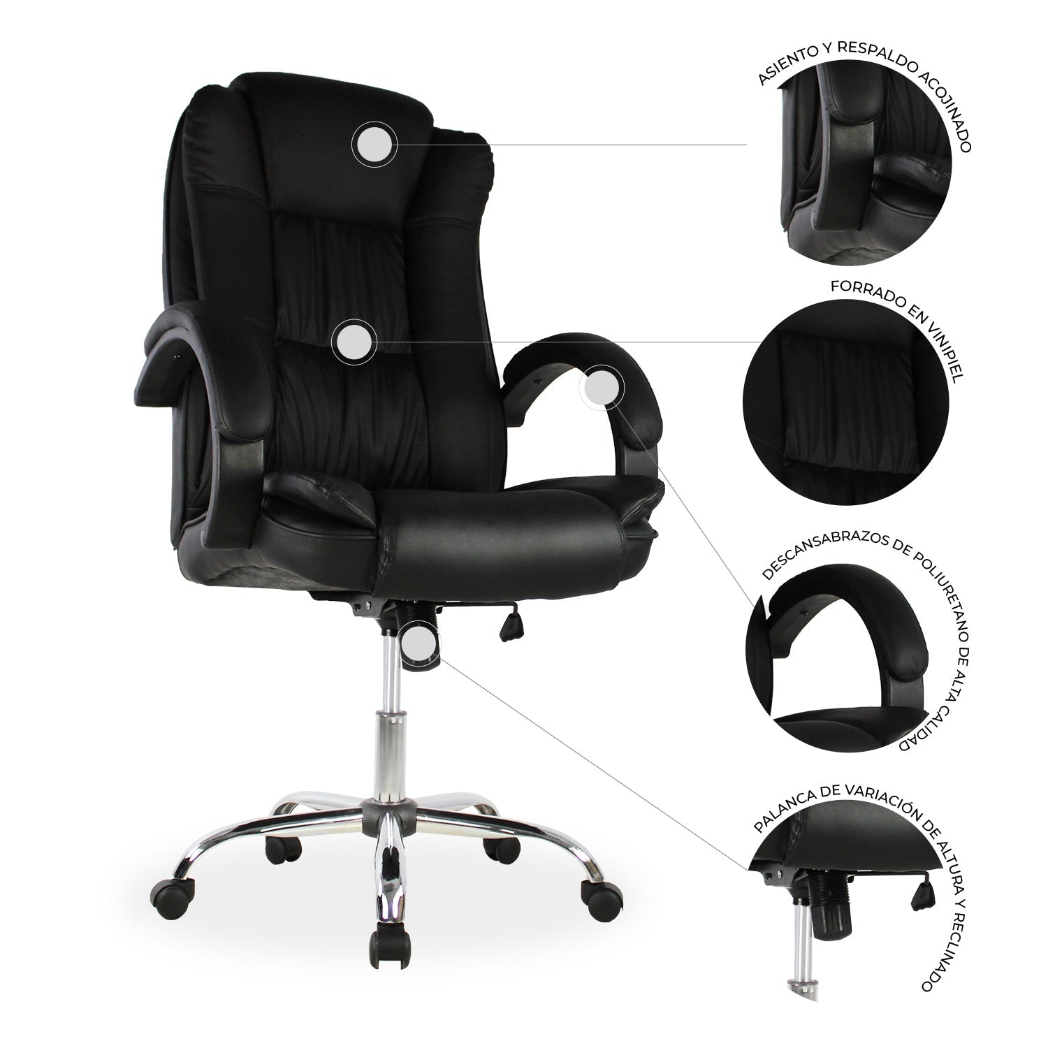 SILLA KINGSTRONG MOB-1097 Granada SILL0903522 | Silla Ejecutiva Uso de Oficina | Base Estrella Giratoria | Tapizado Tela | Interior | Poliuretano Alto Respaldo Tela Tipo “PU” Acero Cromado Soporte Lumbar Descansabrazos y base tipo estrella cromada Estrella con Rodajas Negra Para Buena Postura Base Pistón Neumático Palanca Reguladora Comodidad Buen Diseño Oficina Home Office Corporativo Rodajas de Nylon Comodidad Espacio de Trabajo Respaldo con doble acojinamiento Reclinable Moderno Mundo In