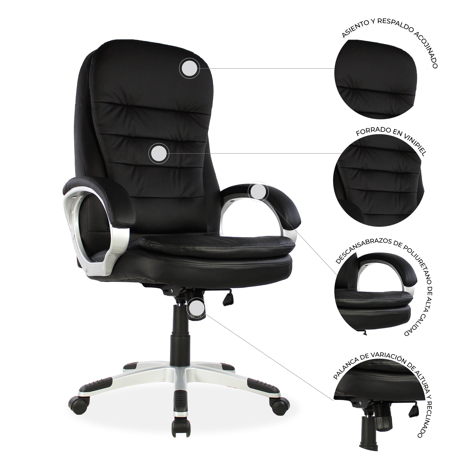 SILLA KINGSTRONG MOB-1100 Malaga SILL0903523 | Silla Ejecutiva Uso de Oficina | Base Estrella Giratoria | Descansabrazos | Tapizado Tela | Interior | Poliuretano Alto Respaldo Tela Tipo “PU” Acero Cromado Soporte Lumbar Descansabrazos y base tipo estrella cromada Estrella con Rodajas Negra Para Buena Postura Base Pistón Neumático Palanca Reguladora Comodidad Buen Diseño Oficina Home Office Corporativo Rodajas de Nylon Comodidad Espacio de Trabajo Respaldo con doble acojinamiento Reclinable Mundo In