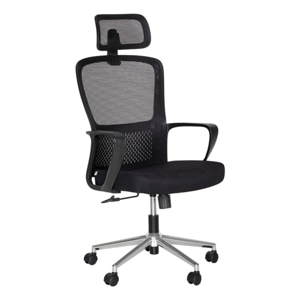Silla ejecutiva ALBAR LK-20CC con respaldo en malla y base cromada de 5 puntas.