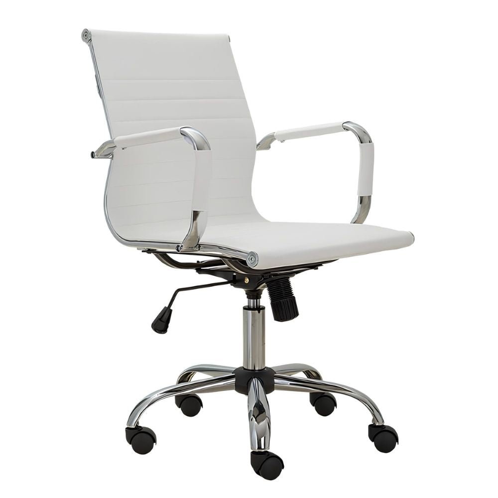Silla secretarial ALBAR GA-002 BL en blanco, tapizada en vinil con brazos cromados y base de cinco puntas