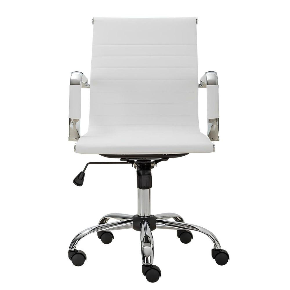 Silla secretarial ALBAR GA-002 BL en blanco, tapizada en vinil con brazos cromados y base de cinco puntas