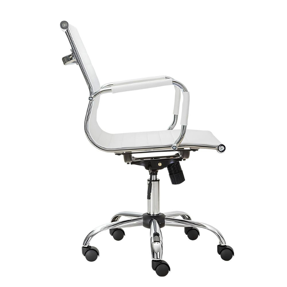 Silla secretarial ALBAR GA-002 BL en blanco, tapizada en vinil con brazos cromados y base de cinco puntas