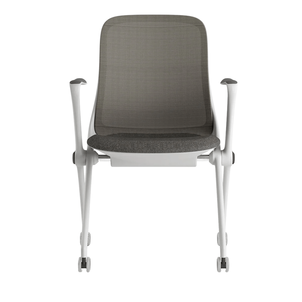 Silla de visita ergonómica OFFIHO BLACK ARA OHV-17 blanca con respaldo en malla y asiento tapizado.