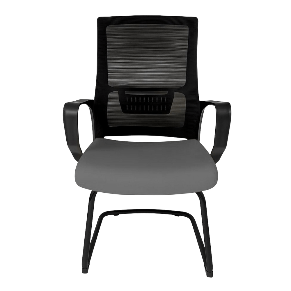 Silla de visita Gersa Zoom con respaldo en malla, asiento tapizado, brazos fijos y base trineo cromada