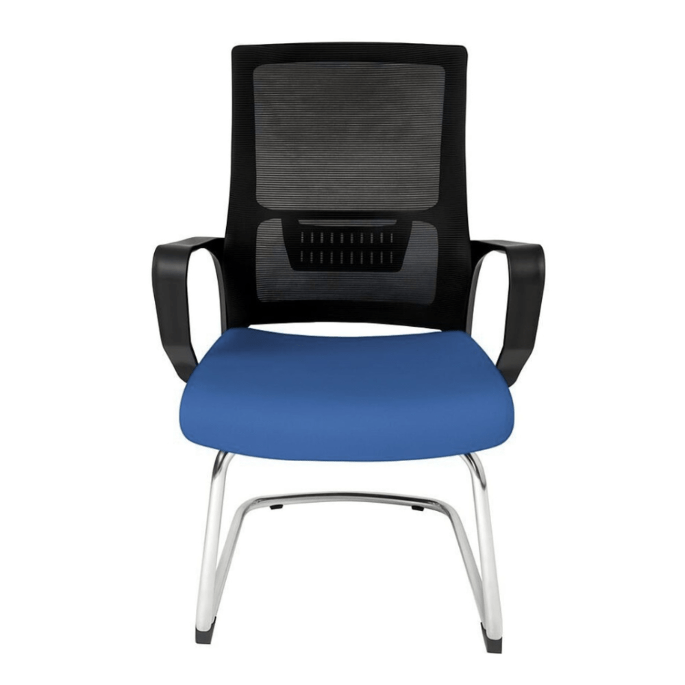 Silla de visita Gersa Zoom con respaldo en malla, asiento tapizado, brazos fijos y base trineo cromada