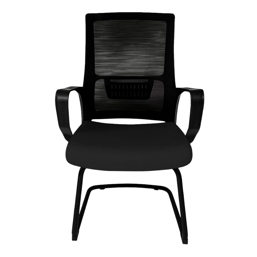 Silla de visita Gersa Zoom con respaldo en malla, asiento tapizado, brazos fijos y base trineo cromada