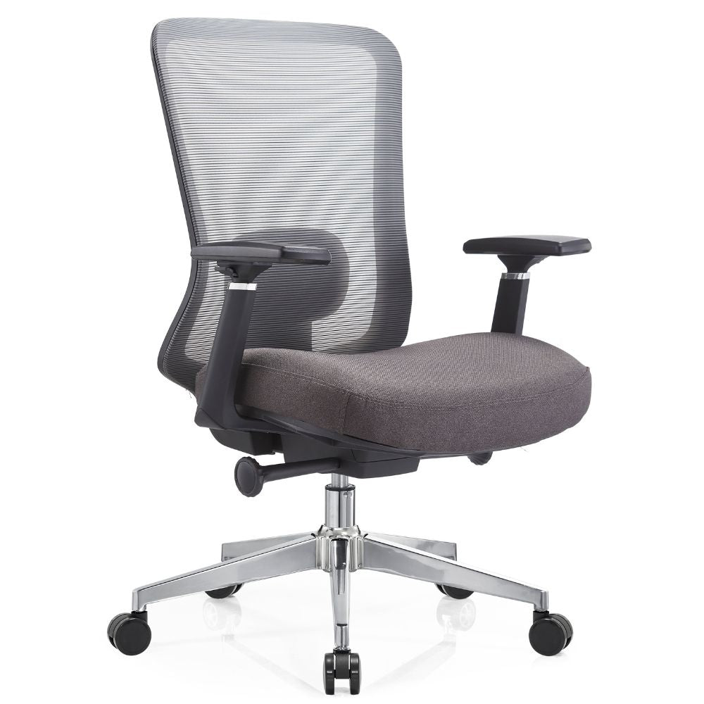 Silla de oficina operativa Gersa Bio cromada con respaldo en malla, asiento tapizado y brazos ajustables 3D