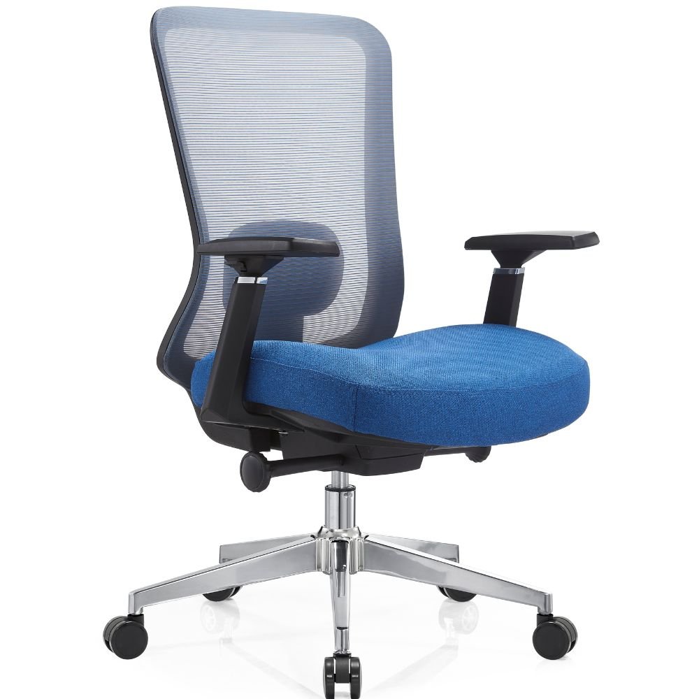 Silla de oficina operativa Gersa Bio cromada con respaldo en malla, asiento tapizado y brazos ajustables 3D