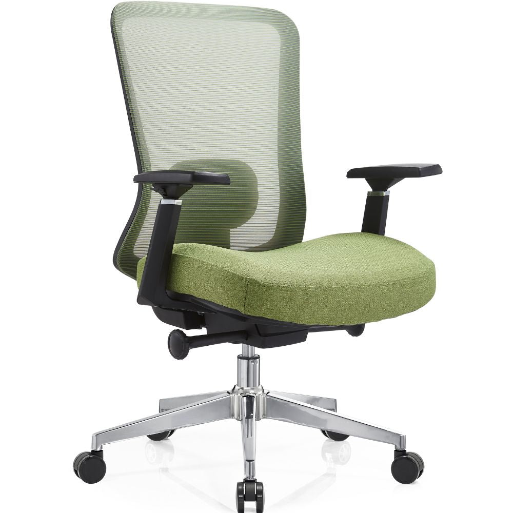 Silla de oficina operativa Gersa Bio cromada con respaldo en malla, asiento tapizado y brazos ajustables 3D