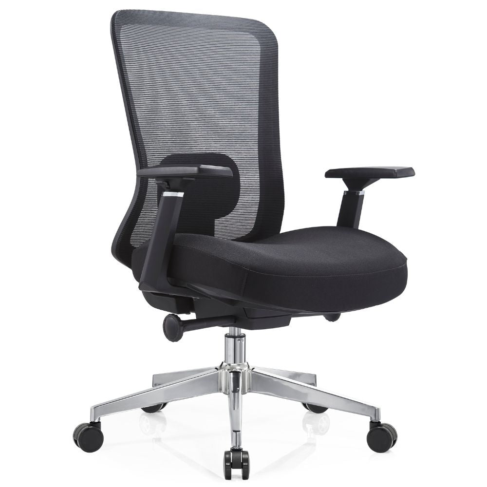 Silla de oficina operativa Gersa Bio cromada con respaldo en malla, asiento tapizado y brazos ajustables 3D