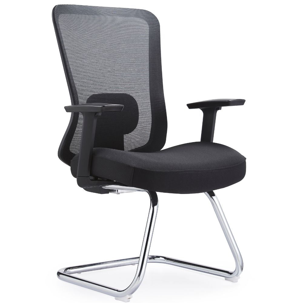 Silla de visita GERSA BIO con respaldo en malla, asiento tapizado, brazos y base trineo cromada