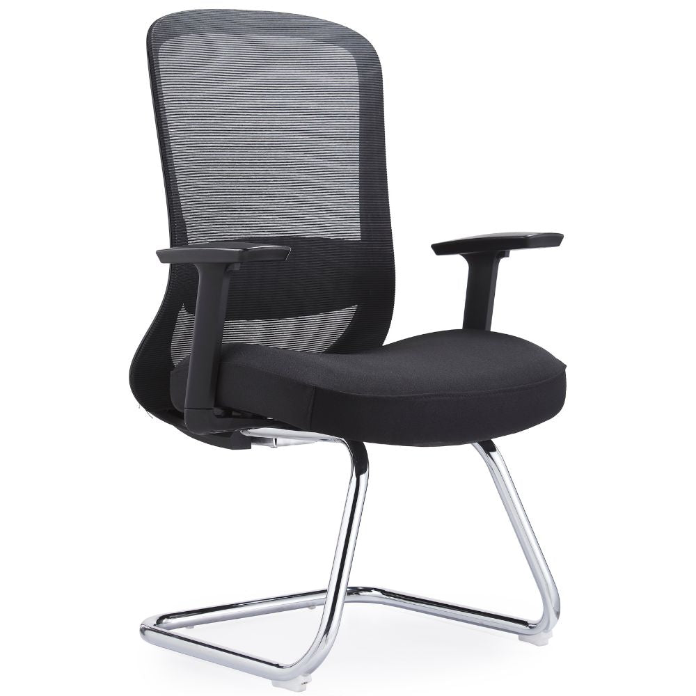 Silla de visita GERSA CATHY con respaldo en malla, asiento tapizado, brazos y base trineo cromada