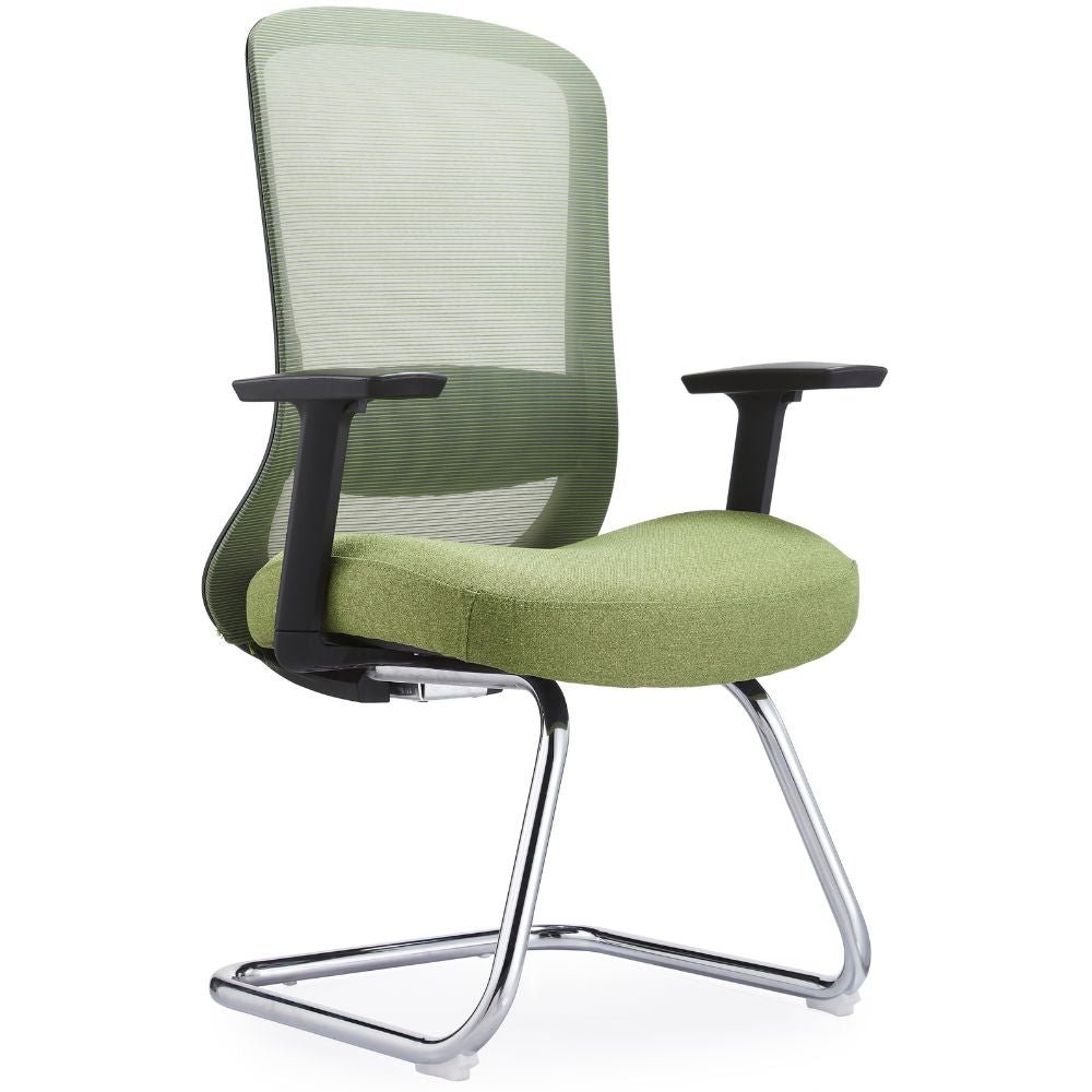 Silla de visita GERSA CATHY con respaldo en malla, asiento tapizado, brazos y base trineo cromada