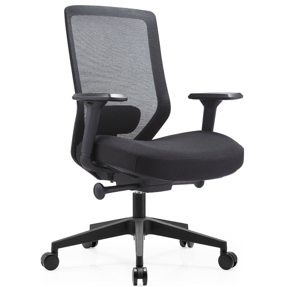 Silla operativa Gersa Milu con respaldo en malla, asiento tapizado, brazos 3D y base de nylon con rodajas