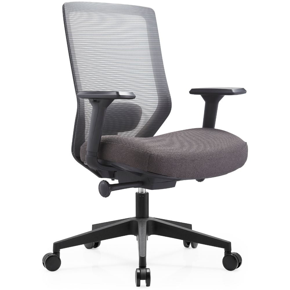 Silla operativa Gersa Milu con respaldo en malla, asiento tapizado, brazos 3D y base de nylon con rodajas