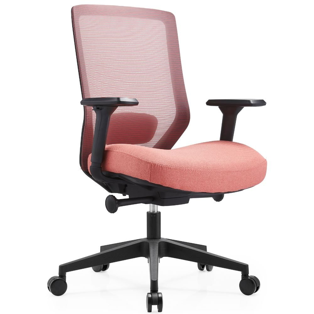 Silla operativa Gersa Milu con respaldo en malla, asiento tapizado, brazos 3D y base de nylon con rodajas