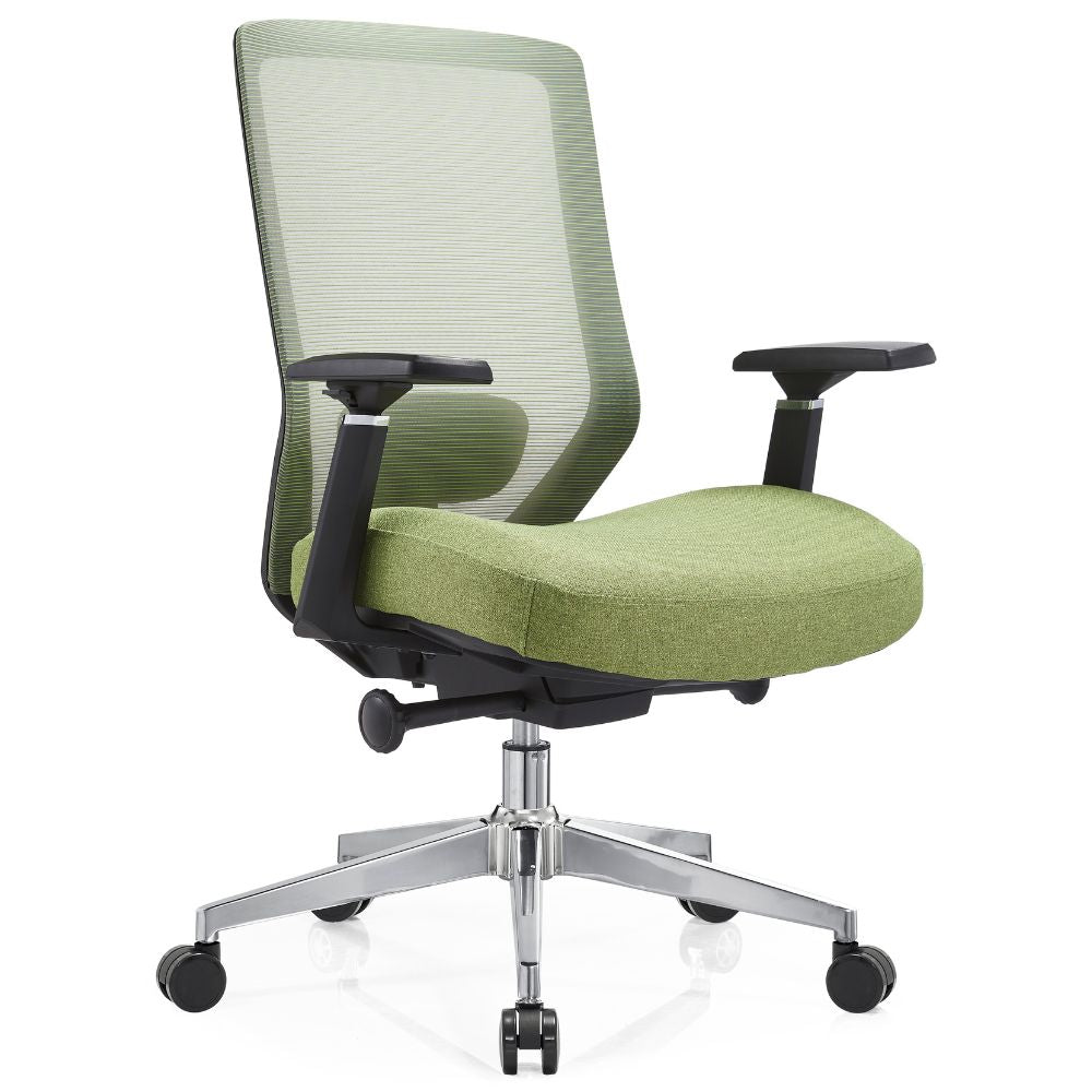 Silla operativa Gersa Milu con respaldo en malla, asiento tapizado, brazos 3D y base de nylon con rodajas