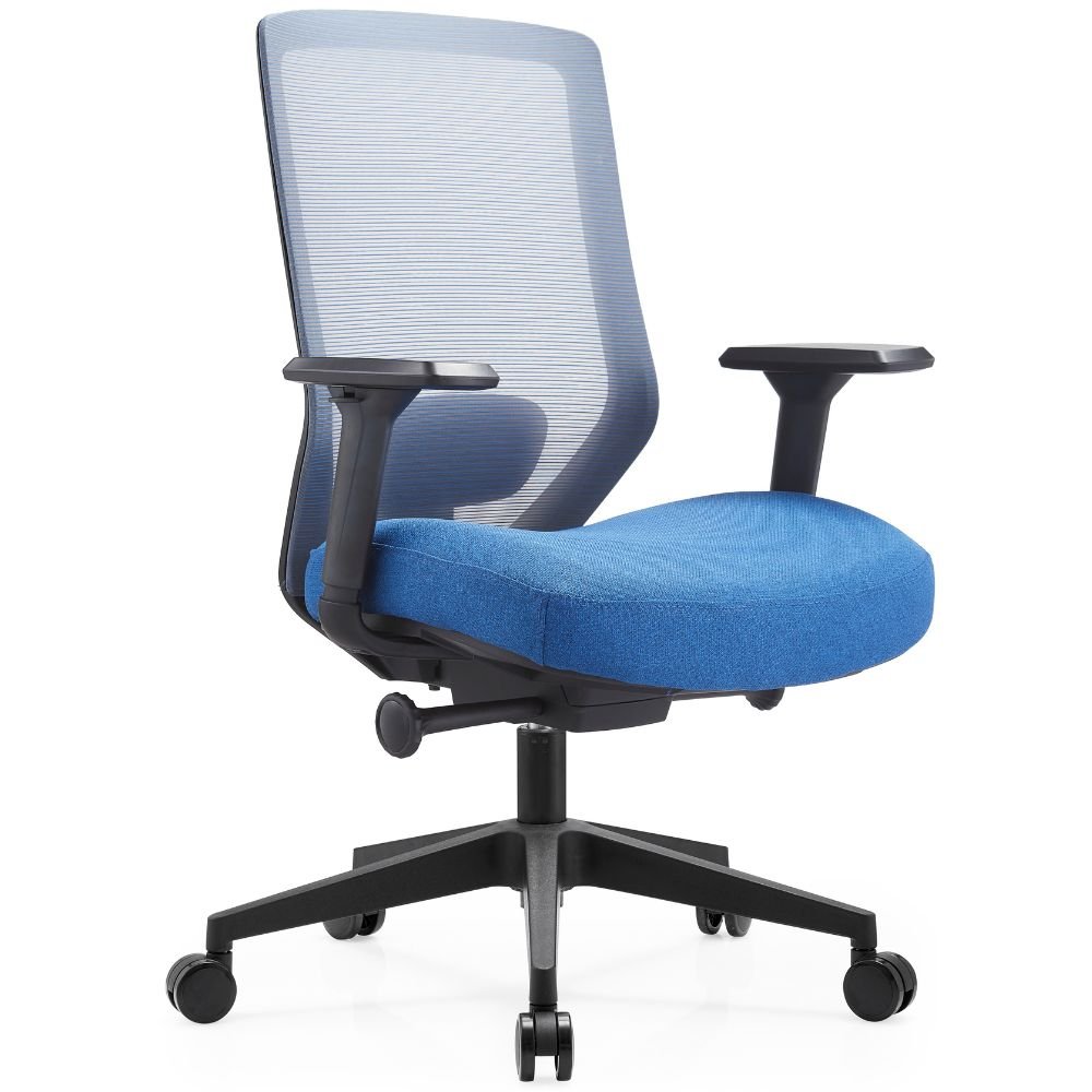Silla operativa Gersa Milu con respaldo en malla, asiento tapizado, brazos 3D y base de nylon con rodajas