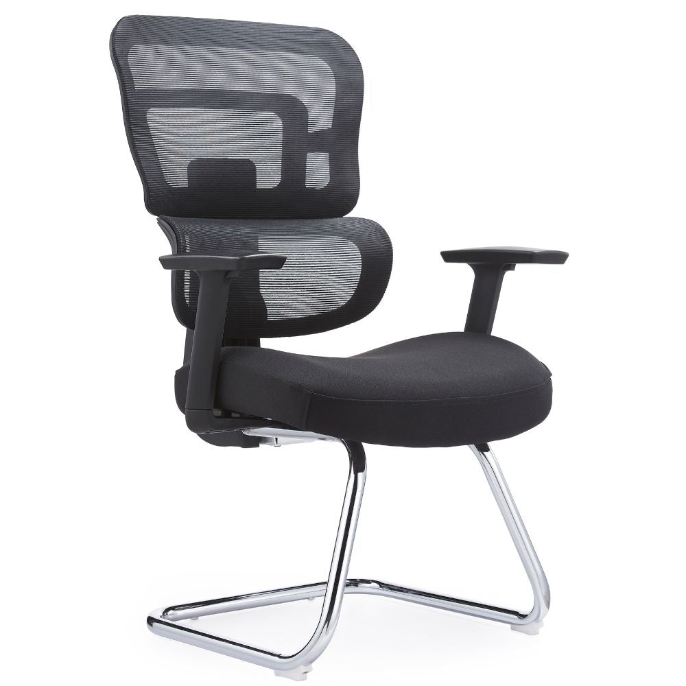 Silla de visita Gersa Zoe con respaldo en malla, brazos ajustables negros y base trineo cromada
