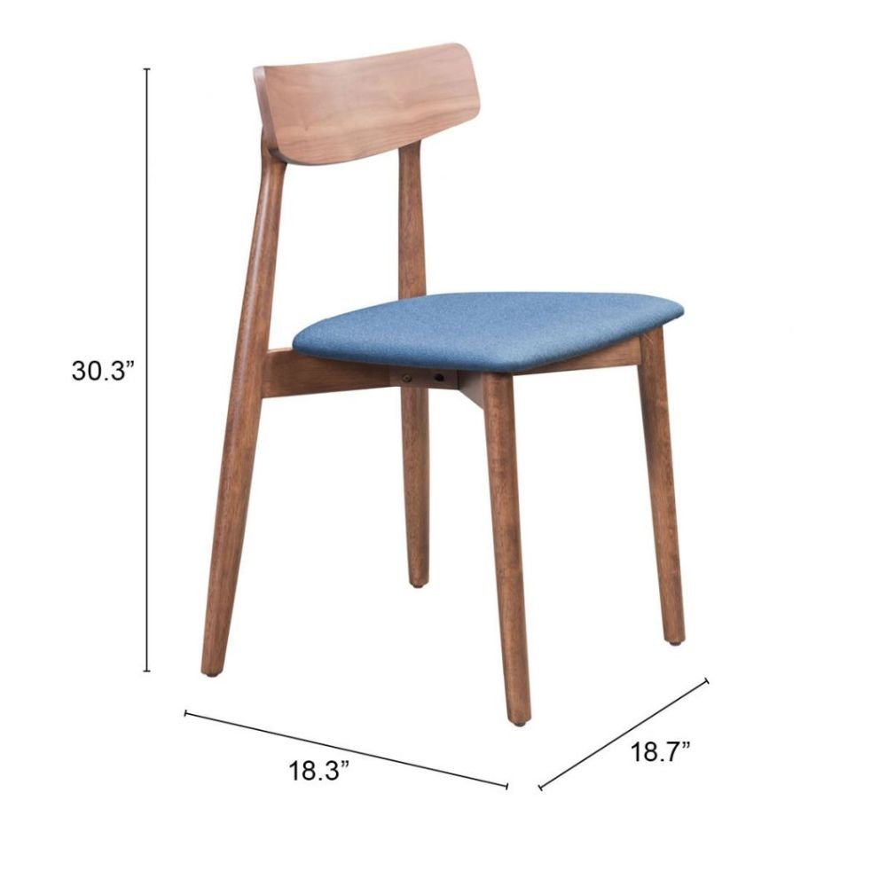 SILLA NOGAL BEAT NEWMAN | Silla Ocasional de Comedor | Base Madera de Caucho Nogal | Azul | Poli Lino 100% Poliéster | Interior - 100978 - Zuo - NOGAL BEAT - Sillas